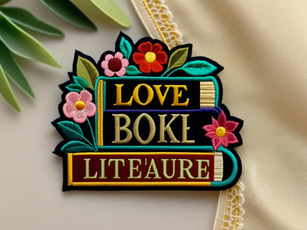 Parche literario de libros vintage bordados Parches literarios personalizados: Detalle bordado de libros vintage rodeados de flores en tela neutra
