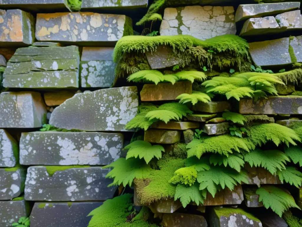 Una pared de piedra desgastada con musgo verde vibrante creciendo entre las grietas