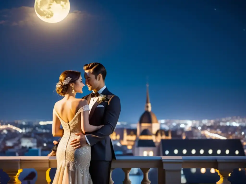 Una pareja apasionada contempla la ciudad iluminada por la luna desde un balcón, abrazados en un escenario romántico y atemporal