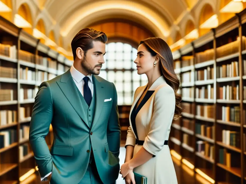 Una pareja elegante en una biblioteca llena de literatura clásica, fusionando la influencia literaria en la moda