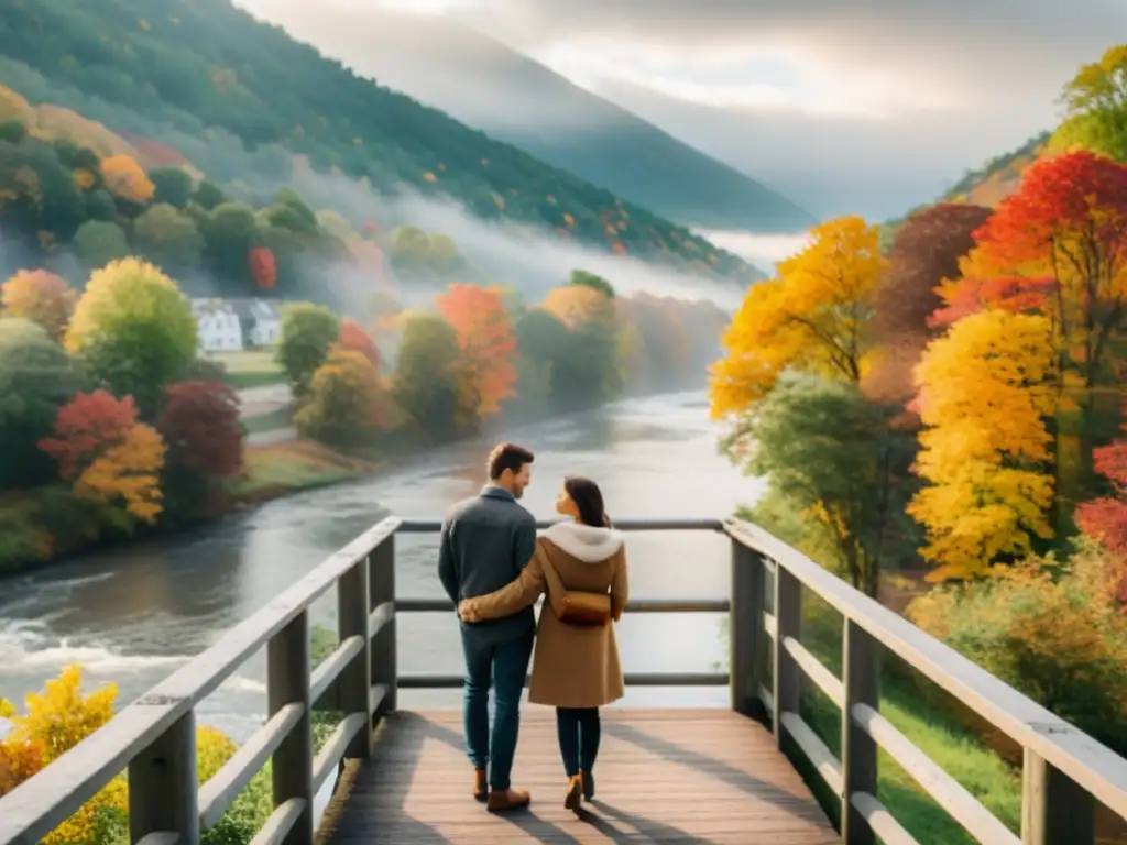 Una pareja se abraza en un puente con vistas a un río neblinoso en otoño