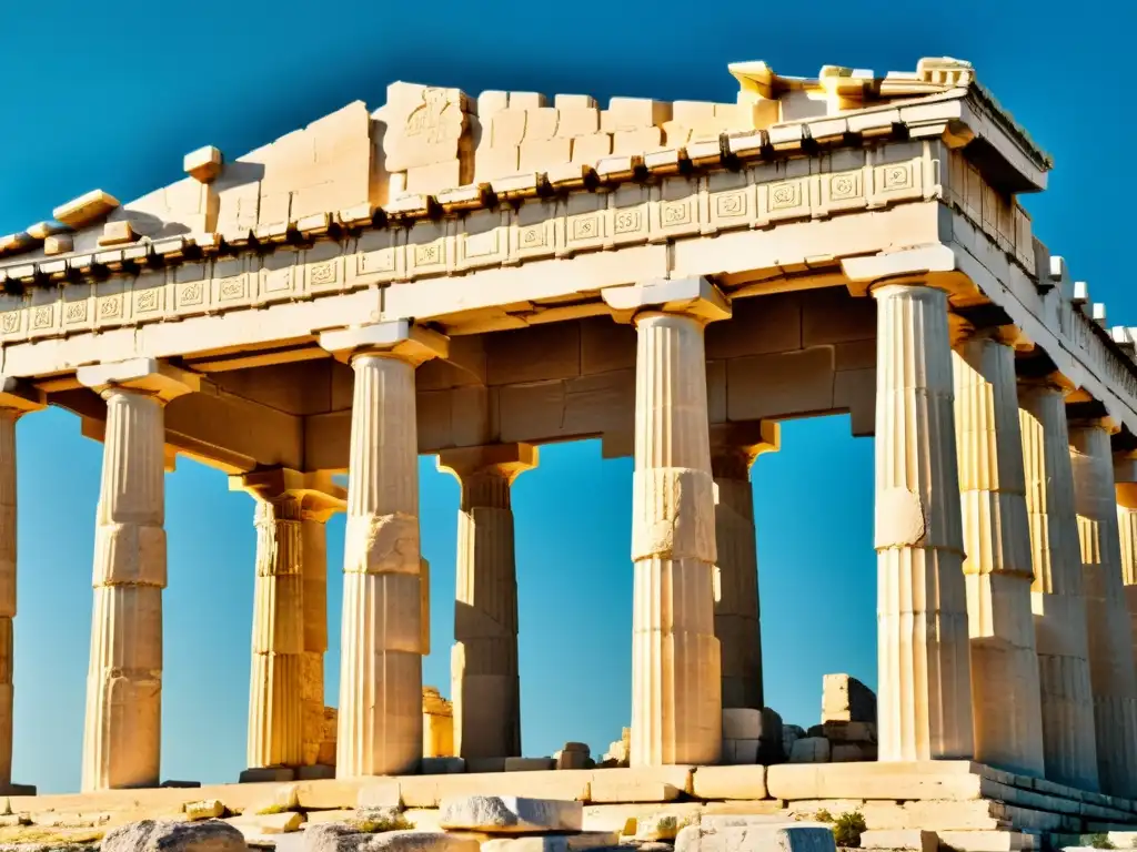 El Parthenon en Atenas, Grecia, bañado en cálido sol dorado, muestra la grandiosidad de la arquitectura clásica