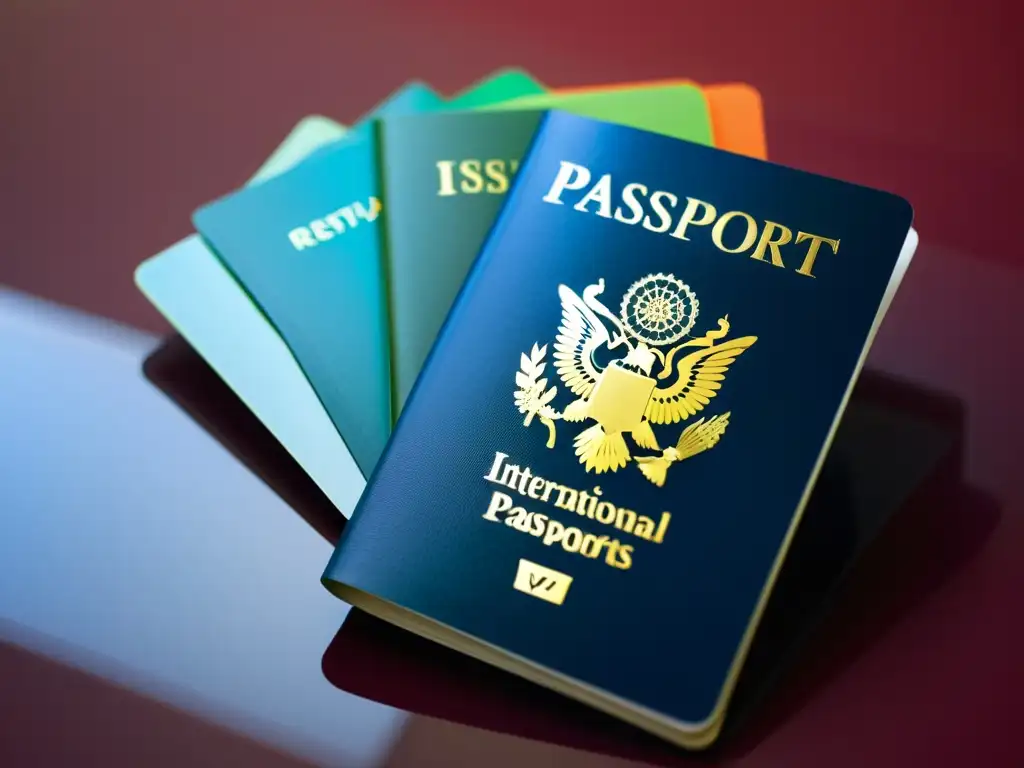 Varias pasaportes abiertos con sellos de visas y páginas coloridas, representando la expansión internacional