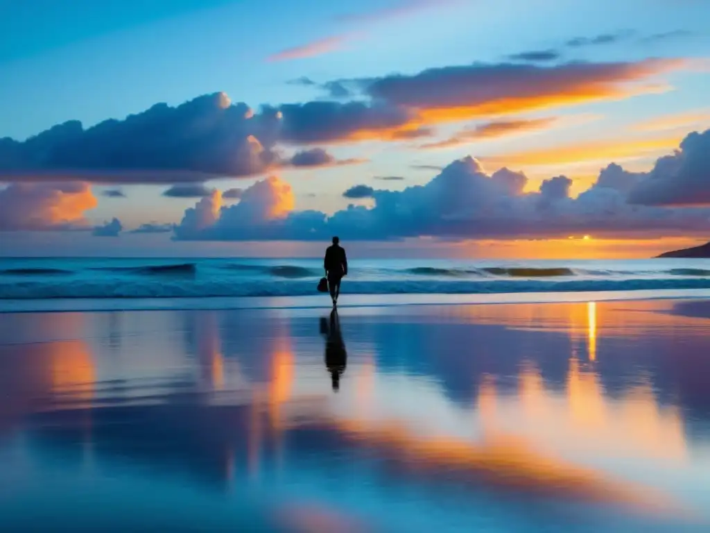 Un paseo solitario al atardecer en una playa serena, bajo un cielo colorido y un océano tranquilo