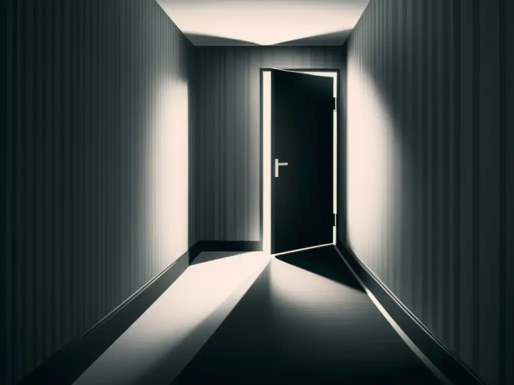 Un pasillo de hotel misterioso y oscuro, con una puerta entreabierta y una luz tenue