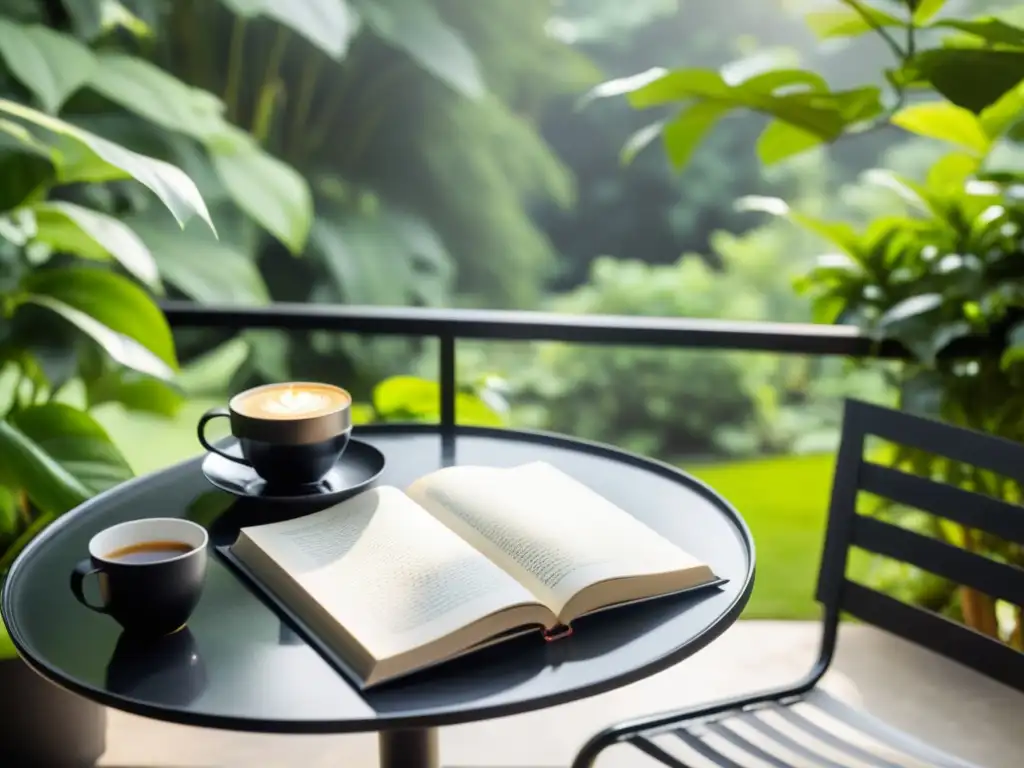 Un patio exterior minimalista con una mesa y sillas de metal negro, rodeado de exuberante vegetación