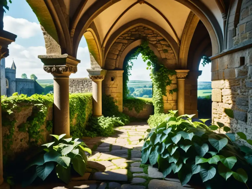 Un patio de piedra antiguo en un castillo medieval, cubierto de hiedra verde vibrante y rodeado de arcos góticos