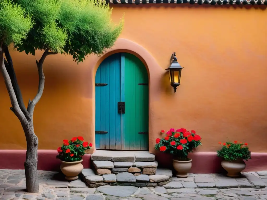 Un patio tranquilo en San Miguel de Allende con un camino de adoquines que conduce a una puerta rústica rodeada de vegetación y flores coloridas