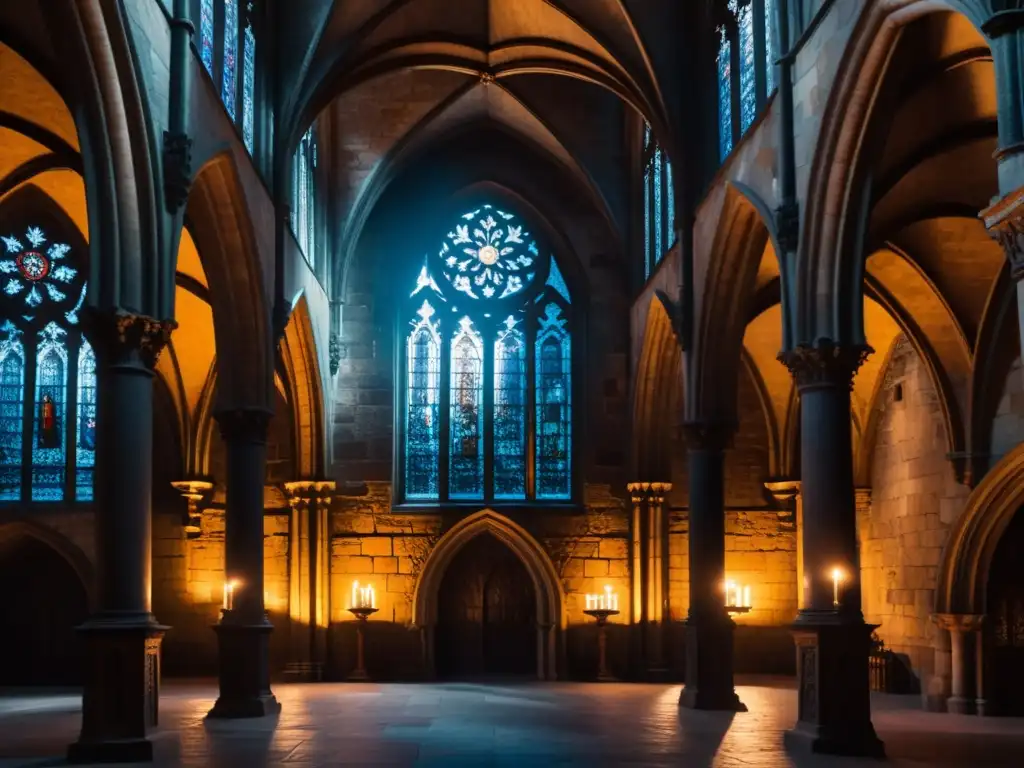 En la penumbra de una catedral gótica, arcos imponentes, tenues luces de velas y figuras grotescas en vitrales crean un ambiente de suspenso