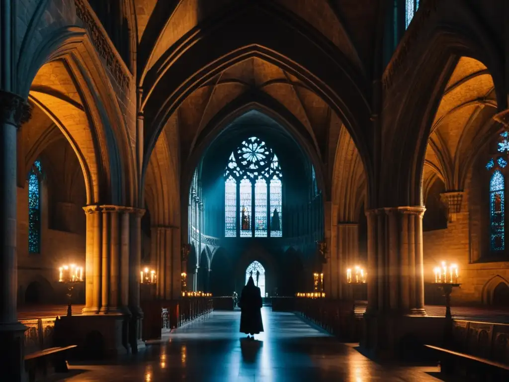 En la penumbra de una catedral gótica, un misterioso personaje contempla los contrastes de la literatura romántica gótica