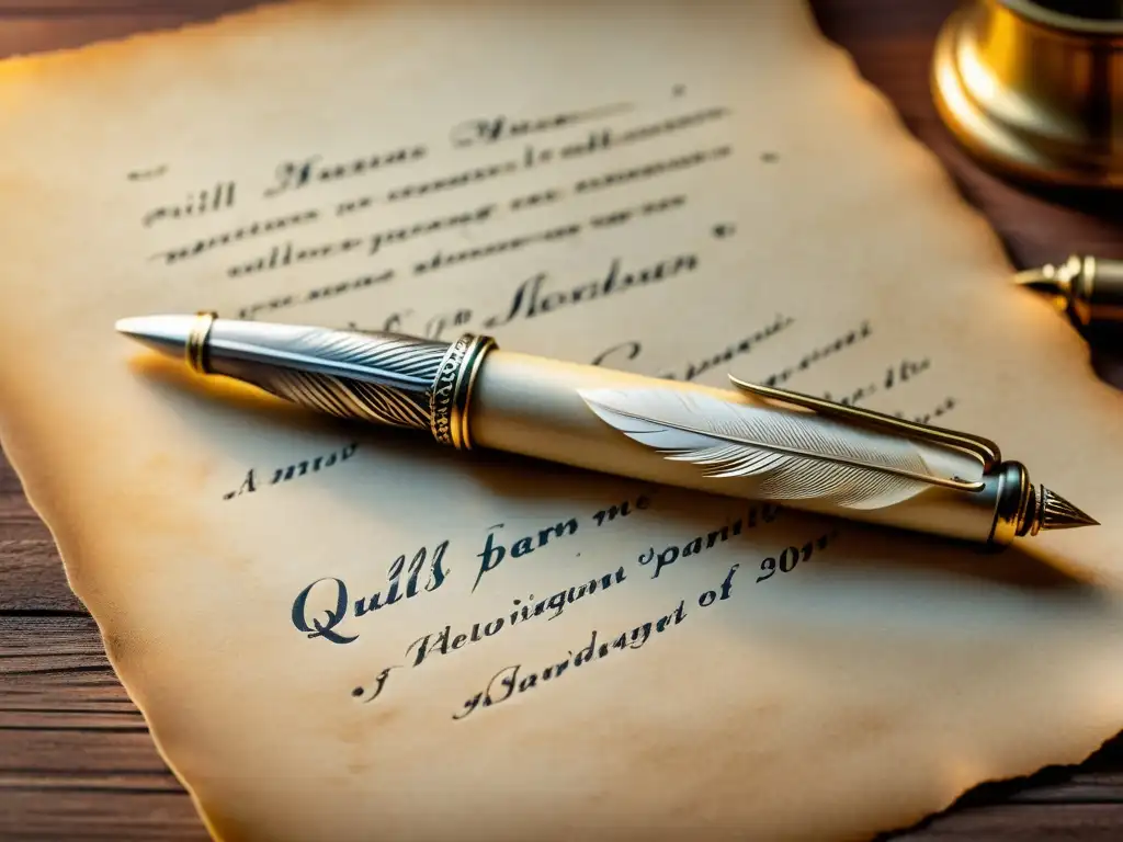 El quill pen vintage reposa sobre un pergamino amarillento, con detalles en alta definición y una iluminación cálida que evoca nostalgia