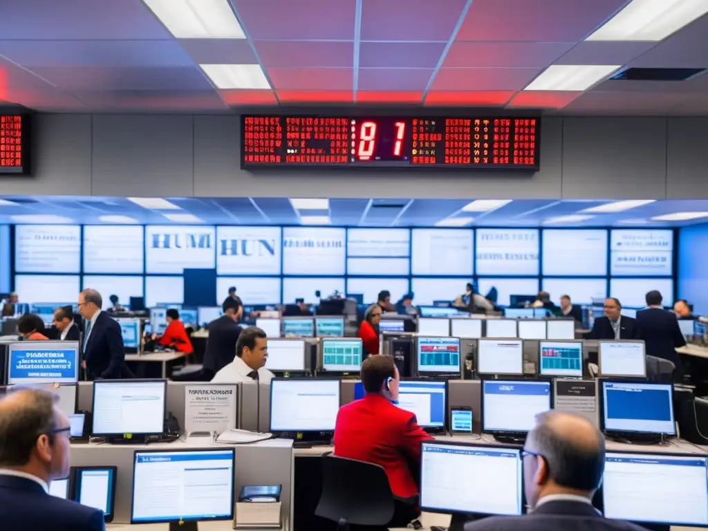 Periodistas trabajando frenéticamente en una bulliciosa sala de redacción, reflejando la atmósfera de narrativa y veracidad crónica periodística