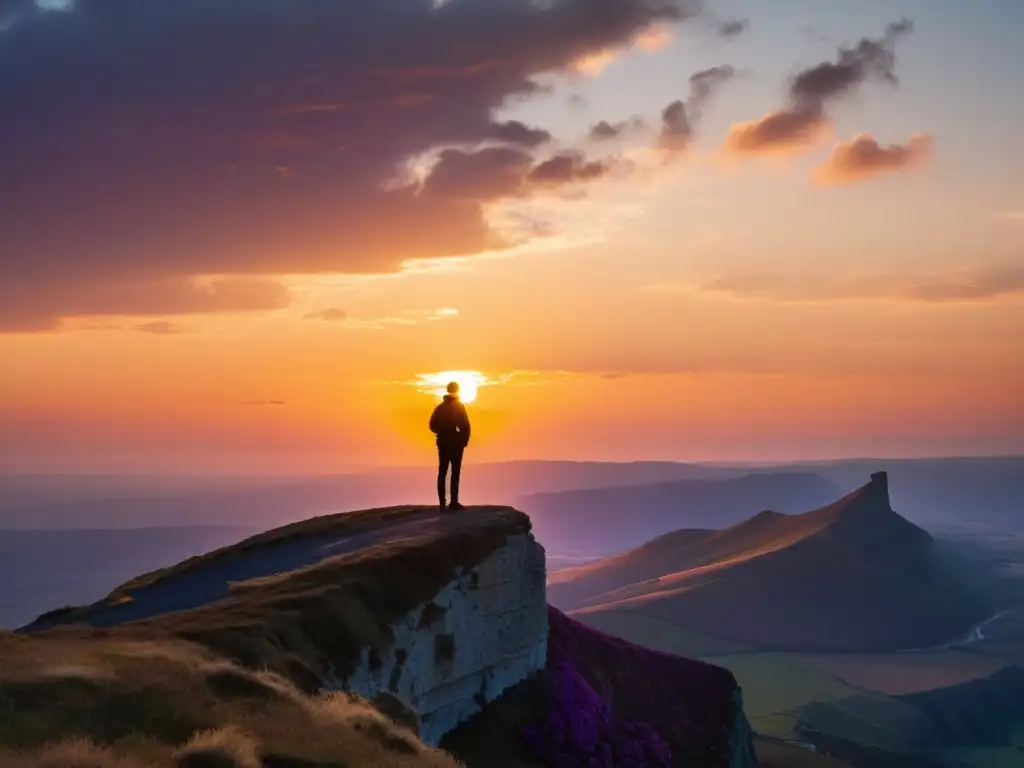 Persona en acantilado contemplando el horizonte al atardecer