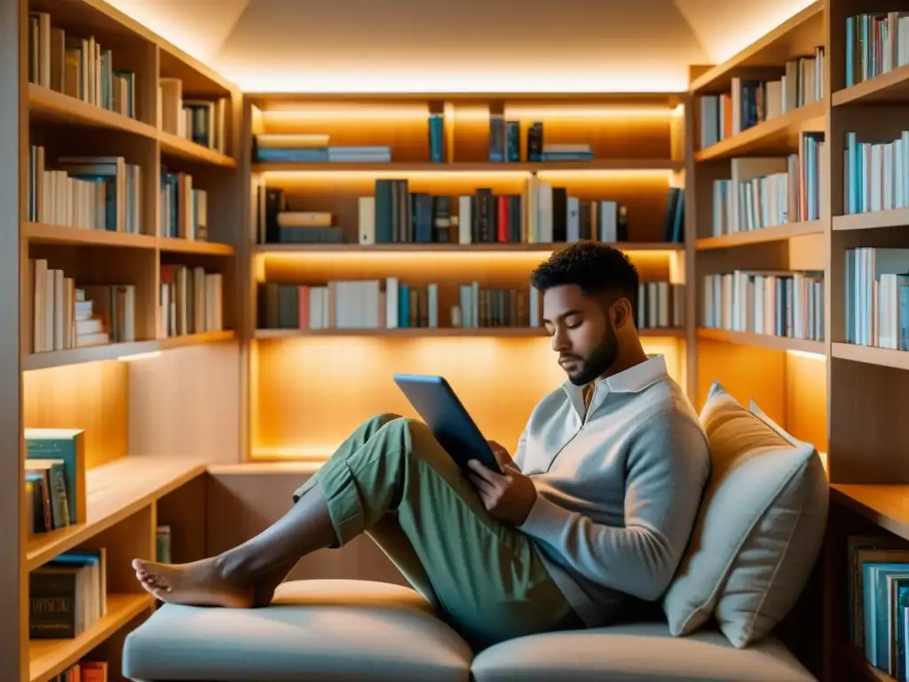 Persona en acogedor rincón de lectura con estanterías repletas de libros variados