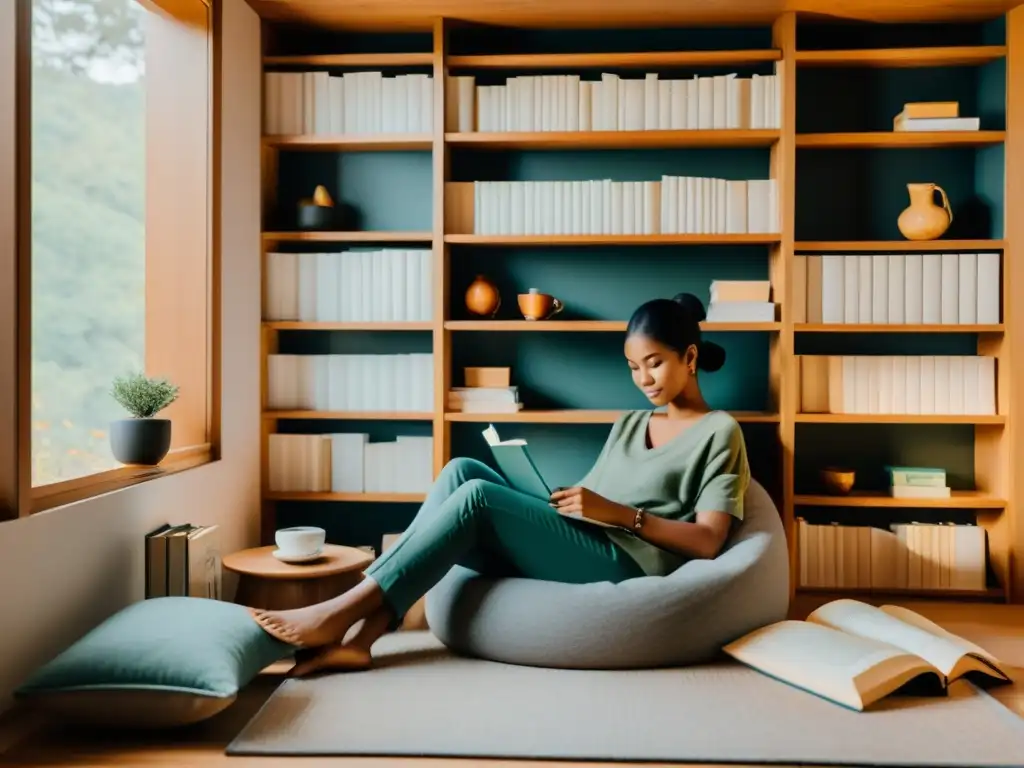 Persona en acogedor rincón de lectura, rodeada de libros, con té caliente y cuaderno