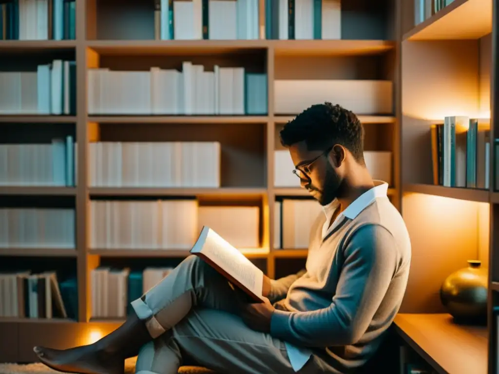 Persona leyendo en acogedor rincón de lectura, rodeada de libros