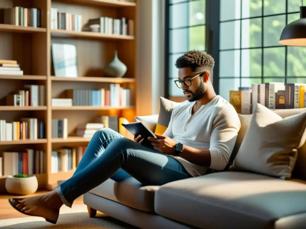 Persona leyendo en acogedor salón, rodeada de libros impresos y un lector electrónico, disfrutando de la lectura con luz natural