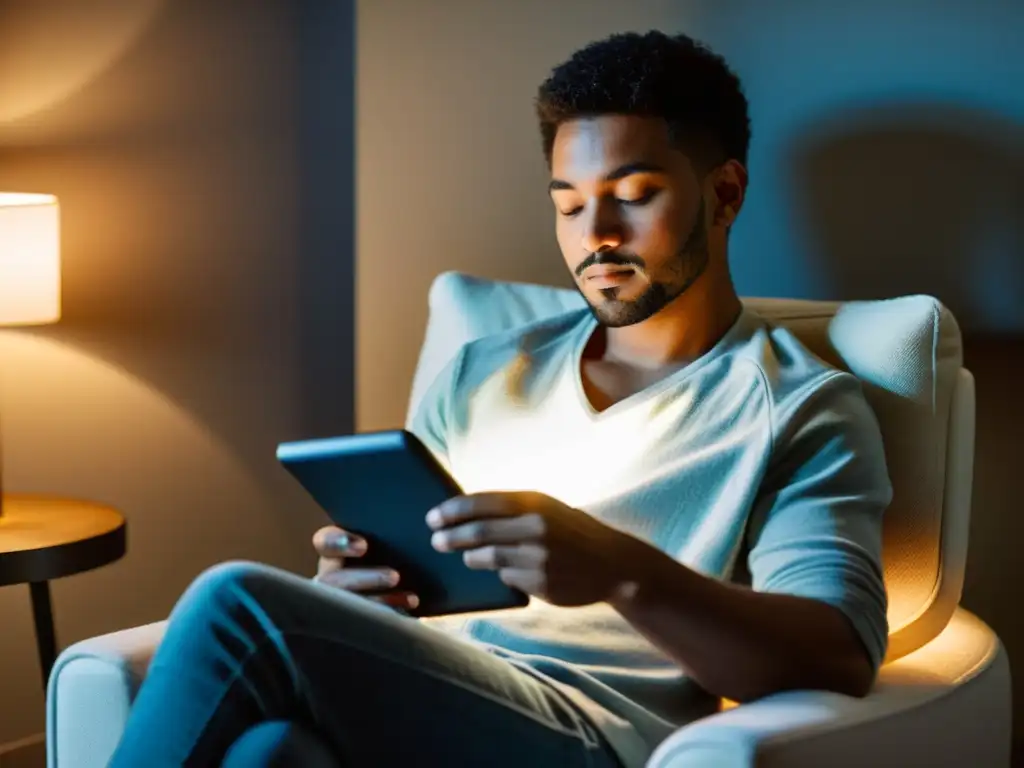 Persona leyendo con concentración en un Kindle en un ambiente moderno y calmado, mostrando el impacto del Kindle en lectura