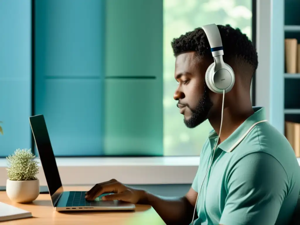 Persona en ambiente de podcast, con auriculares, micrófono, libros y laptop