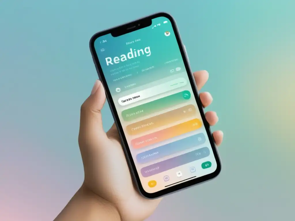 Persona usando app de lectura para ganar recompensas con diseño moderno y colores pastel, evocando sofisticación y modernidad