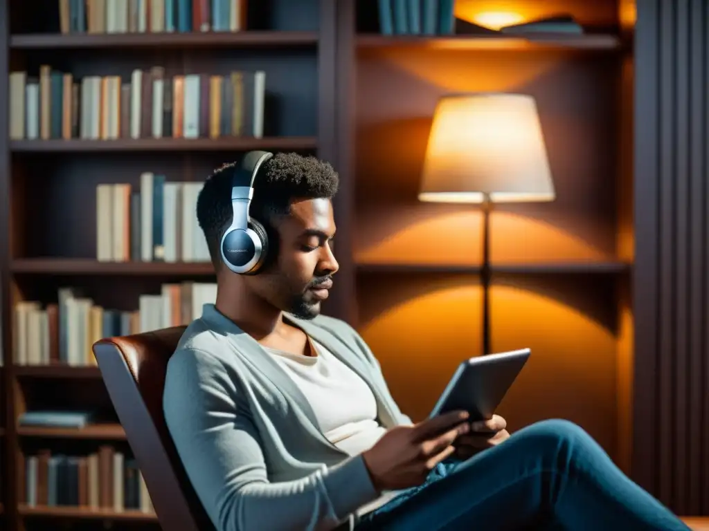 Persona escuchando un audiolibro en una habitación acogedora, con estantería de libros clásicos al fondo