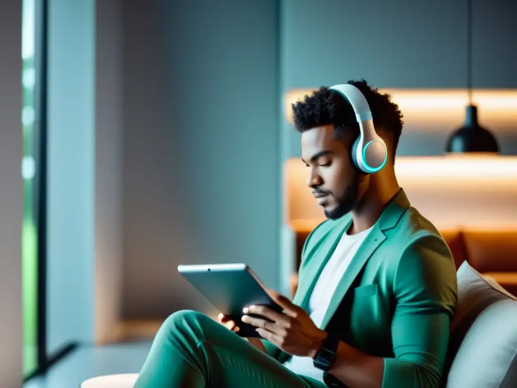 Auriculares inalámbricos y lectura digital Persona con auriculares inalámbricos y tableta leyendo un ebook en ambiente moderno y sereno, aplicaciones síntesis voz libros electrónicos