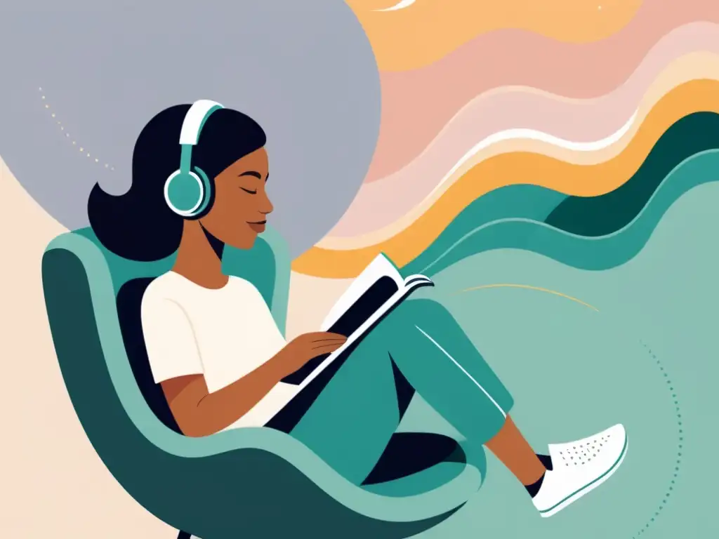 Persona con auriculares disfrutando de podcasts literarios en una silla acogedora con un libro