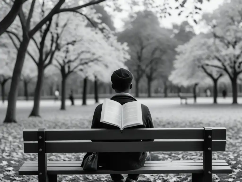 Persona leyendo poesía en banco del parque, inmersa en historias de verso, rodeada de hojas caídas