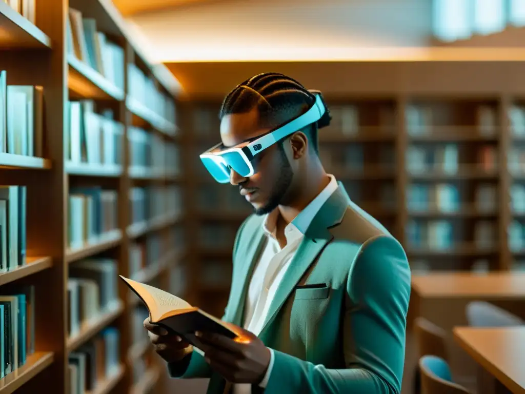 Una persona en una biblioteca moderna usando gafas de realidad aumentada para lectura, fusionando lo tradicional con lo tecnológico