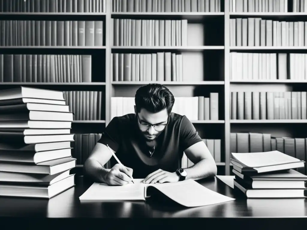 Persona escribiendo biografías y memorias fascinantes en un escritorio lleno de libros y papeles, evocando dedicación y determinación