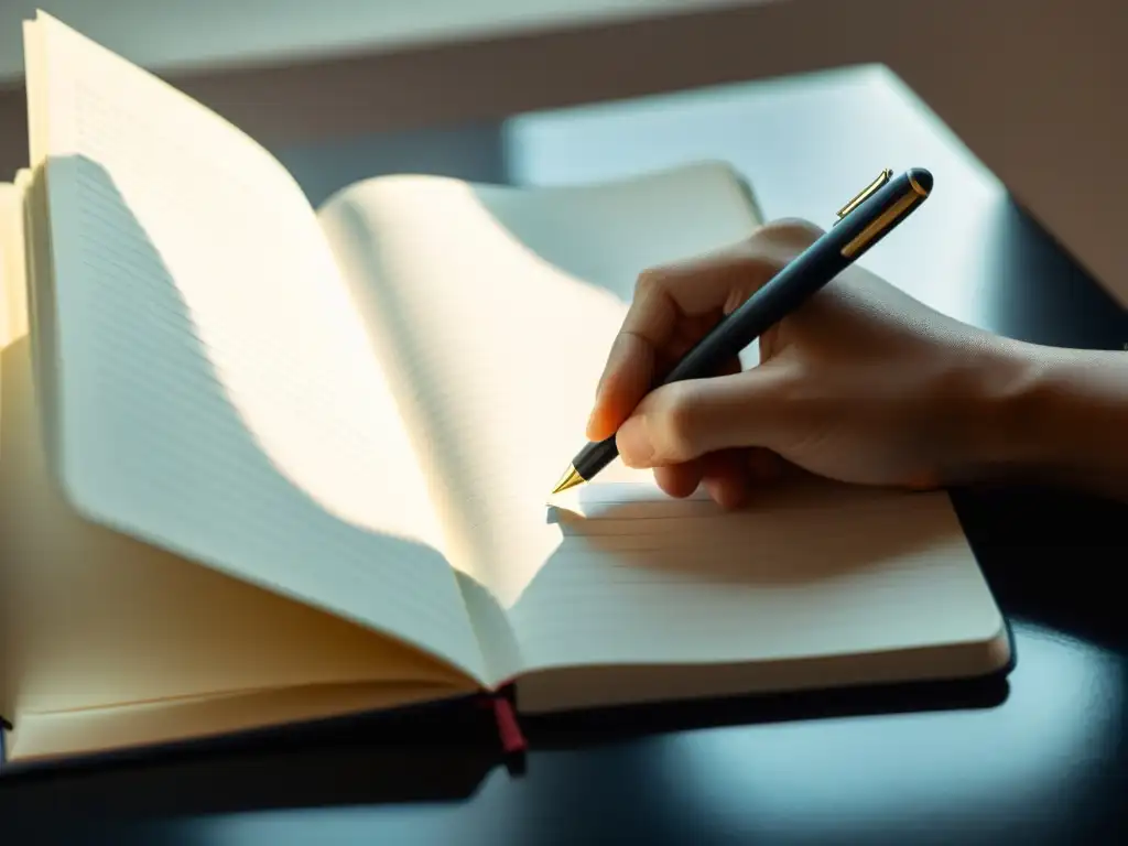 Una persona sostiene un bolígrafo frente a un cuaderno en blanco, listo para escribir