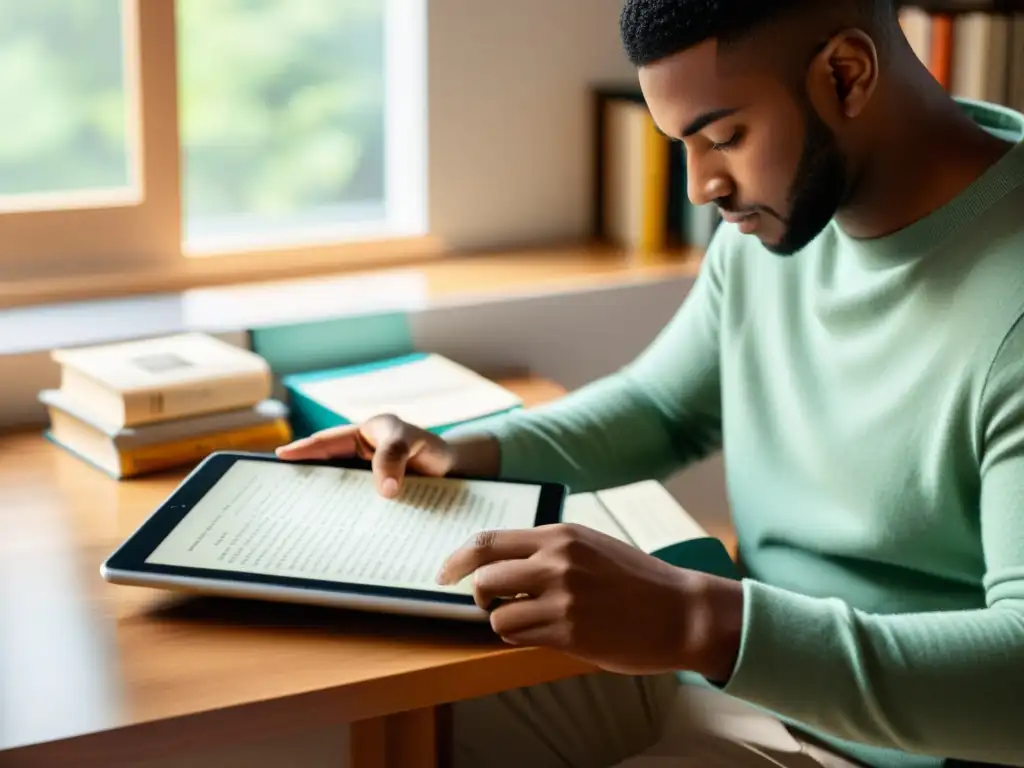 Persona estudiando clásicos con app de resúmenes, en ambiente sereno iluminado naturalmente