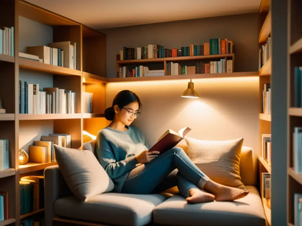 Persona concentrada leyendo en acogedor rincón de lectura, rodeada de estantes organizados con libros