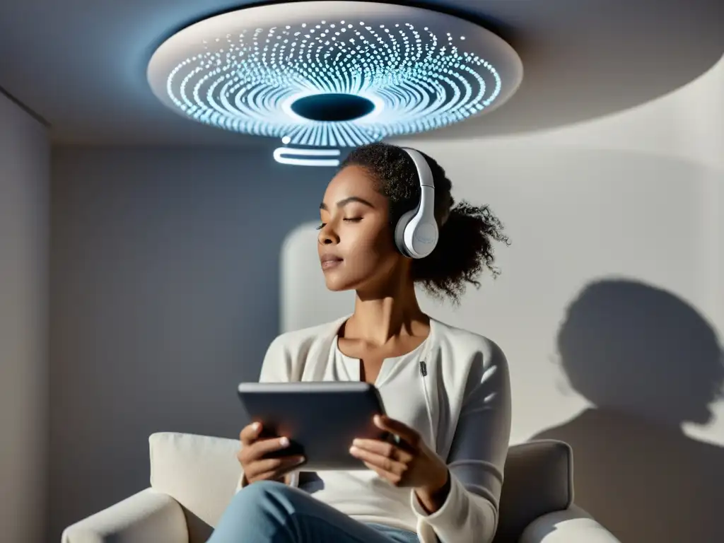 Persona concentrada escuchando texto digital en ambiente minimalista Persona concentrada escuchando un audiolibro en un ambiente moderno