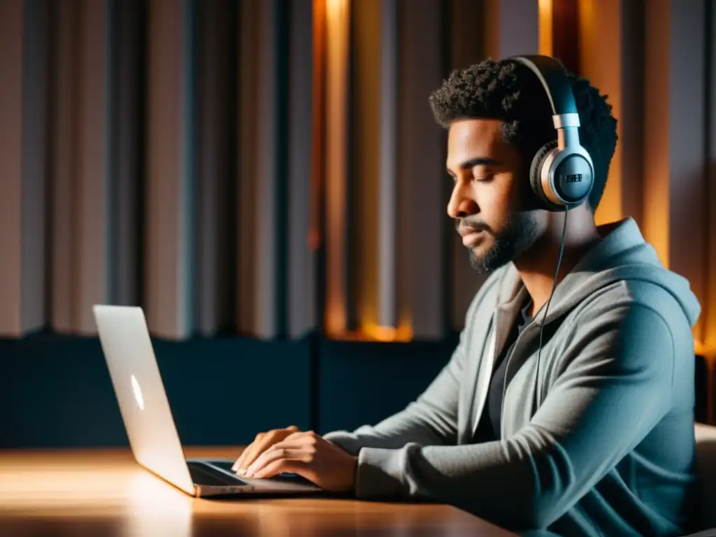 Persona concentrada con auriculares y micrófono en estudio de podcast, ambiente cálido