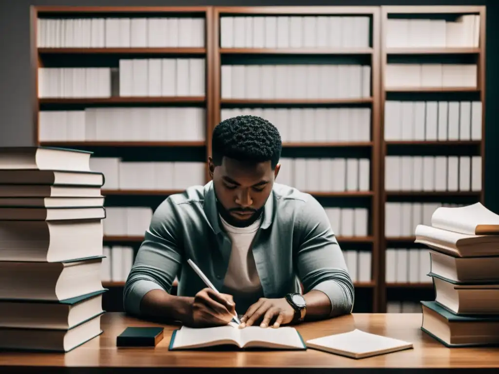 Persona concentrada escribiendo su autobiografía rodeada de libros y papeles