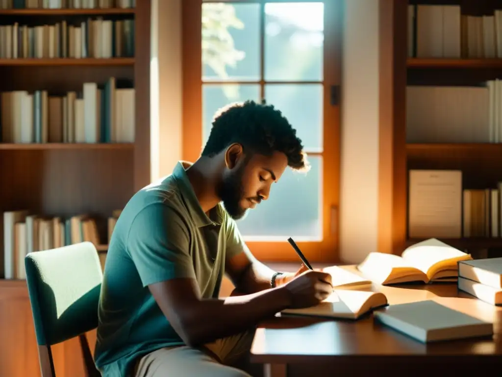 Persona concentrada en escribir en un cuarto soleado, rodeada de libros y materiales de escritura, transmitiendo calma y reflexión