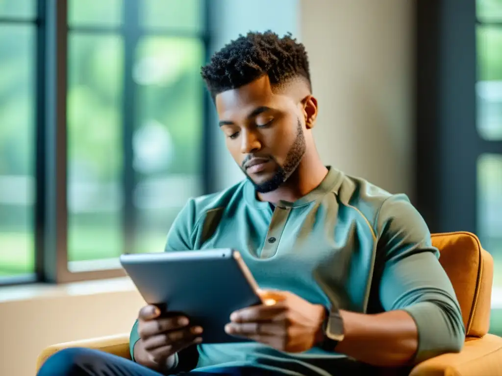 Persona concentrada leyendo un ebook en tablet, disfrutando los beneficios de la lectura rápida