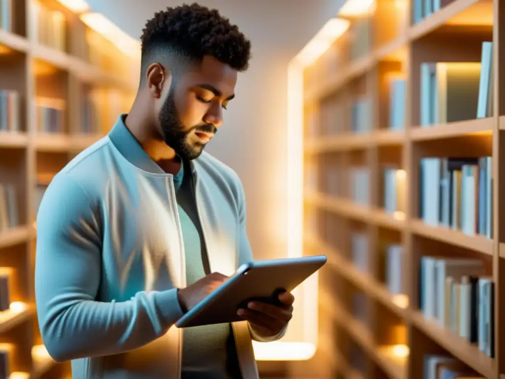 Persona concentrada leyendo un ebook en una tablet moderna, rodeada de una cálida luz