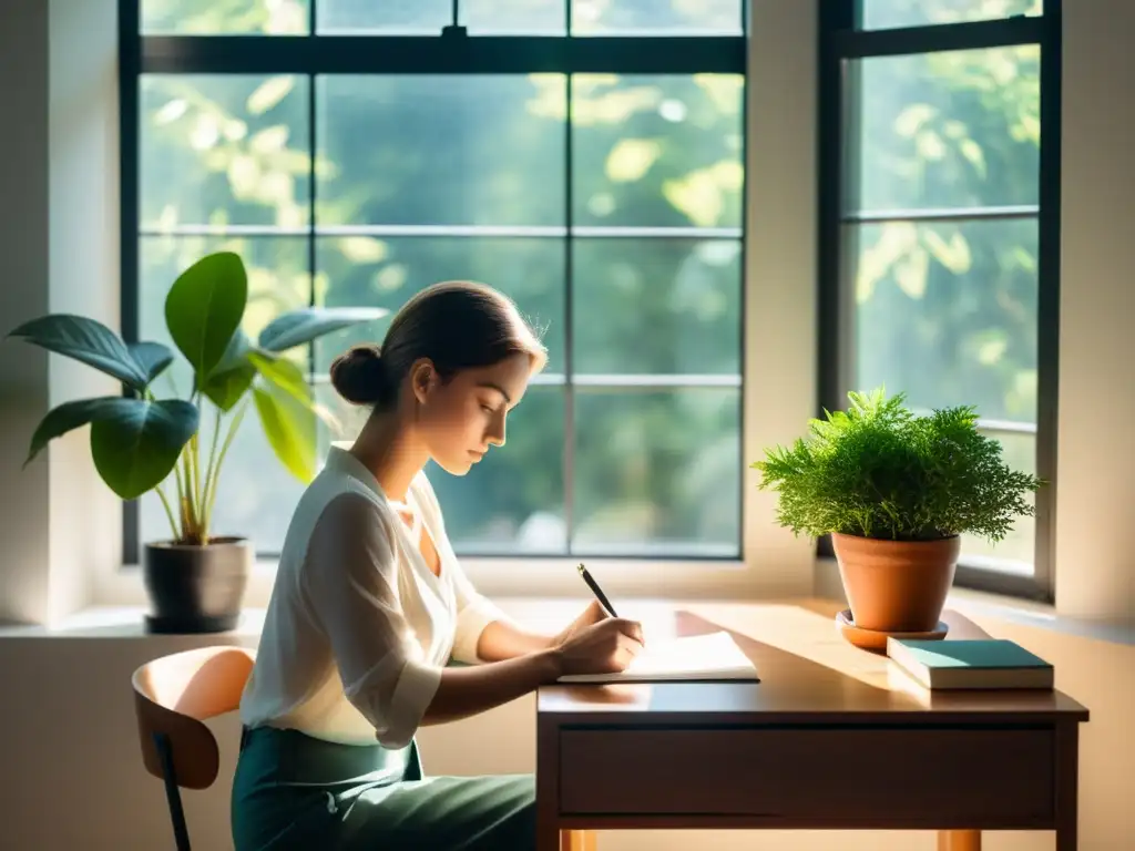 Persona concentrada escribiendo en un escritorio, bañada por luz natural