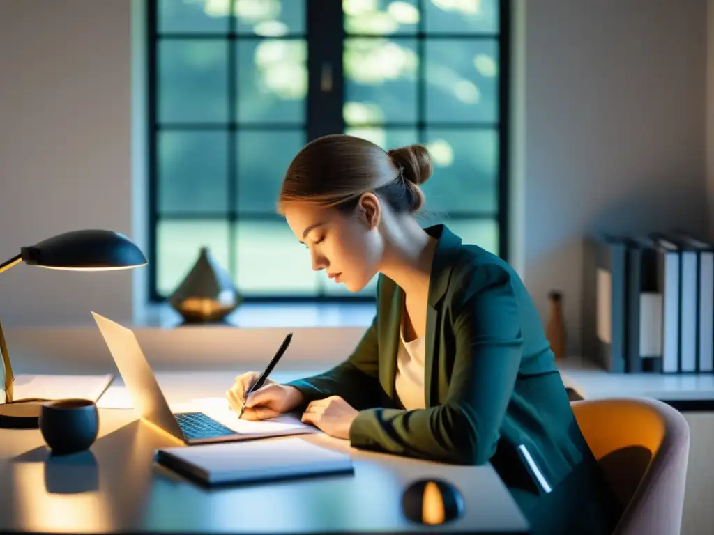 Persona concentrada en un escritorio ordenado, revisando un documento en una laptop