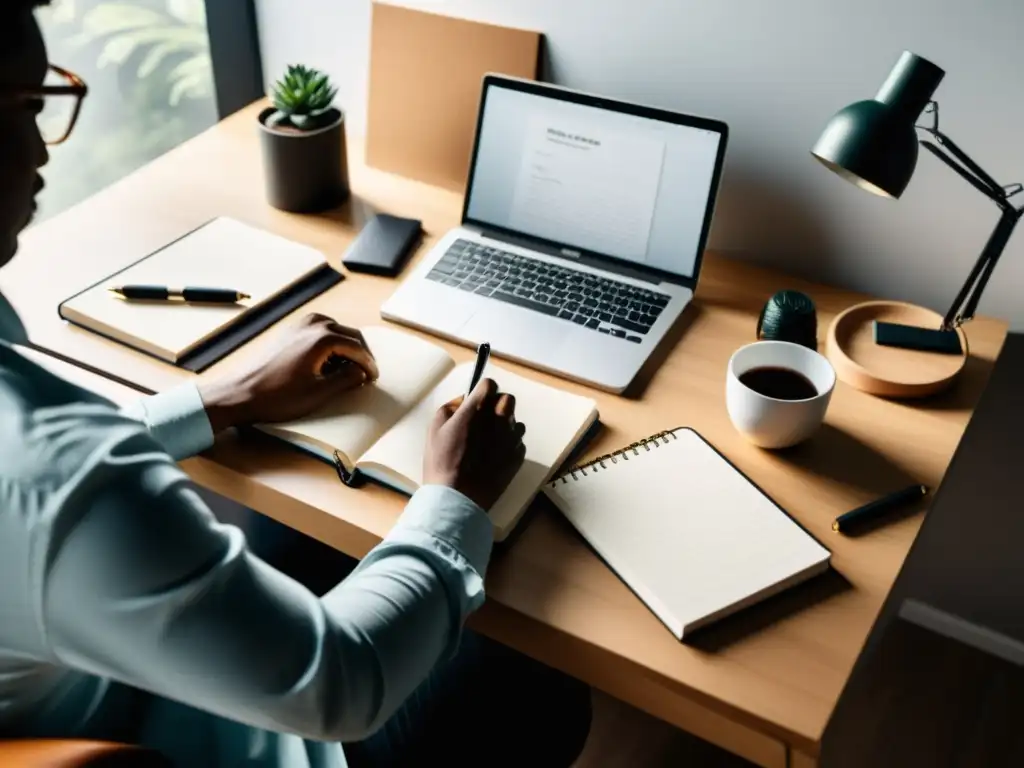 Persona concentrada escribiendo en un escritorio ordenado con cuadernos y laptop, transmitiendo calma y productividad