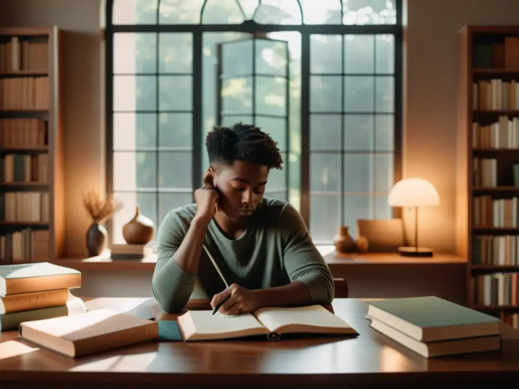 Persona concentrada en su escritorio, rodeada de libros y útiles, iluminada por luz natural