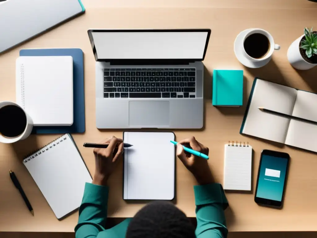 Escritura moderna: equilibrio entre lo digital y lo tradicional Persona concentrada en escritura, rodeada de materiales físicos y dispositivos digitales