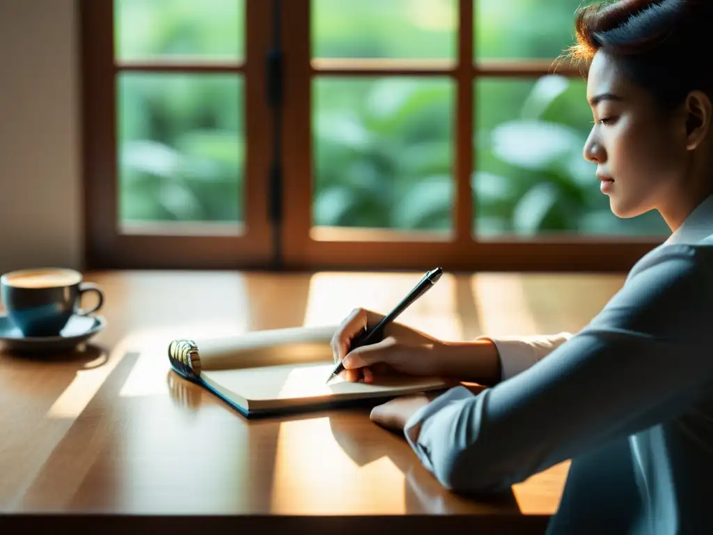 Persona concentrada en su escritura, rodeada de cuaderno, café y ventana iluminada