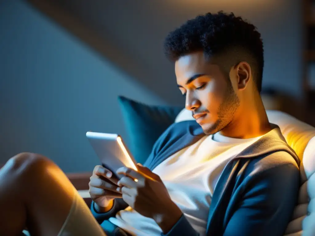 Una persona concentrada y feliz leyendo un ebook en una tablet, iluminada por una luz cálida