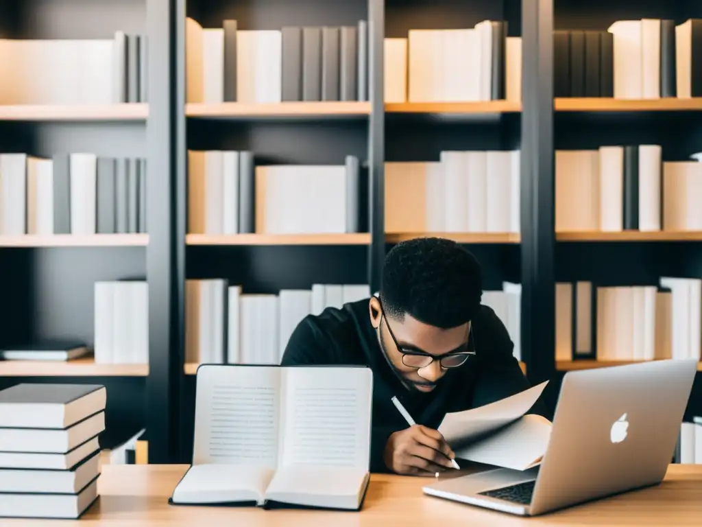 Persona concentrada frente a laptop rodeada de libros, evocando estrategias de marketing literario