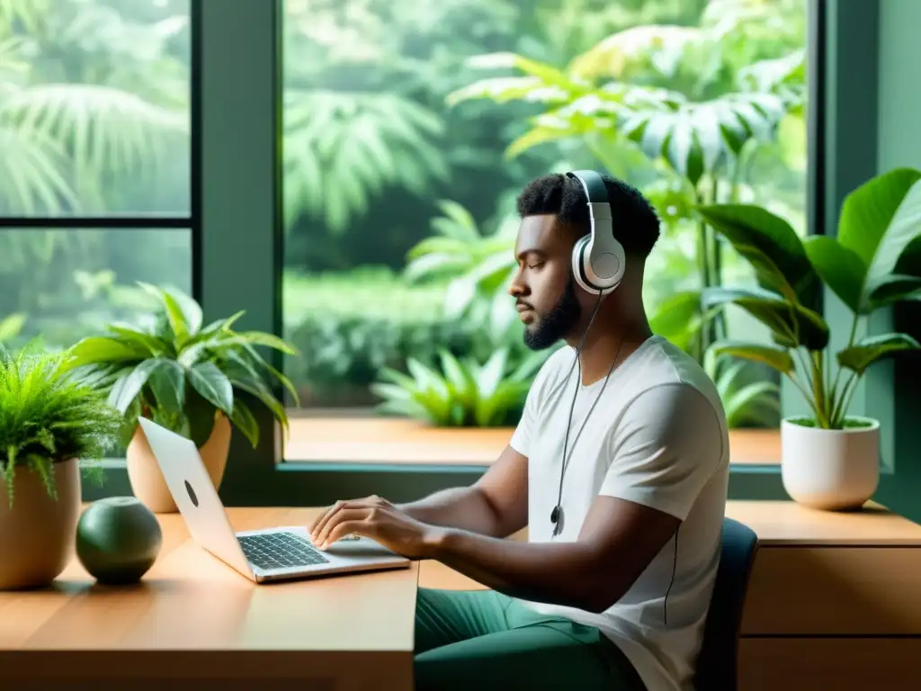 Persona concentrada trabajando en su laptop en un escritorio moderno, rodeada de plantas y luz natural, transmitiendo productividad y creatividad