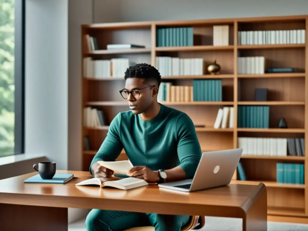 Persona concentrada en su laptop en un escritorio moderno, rodeada de libros y revistas literarias