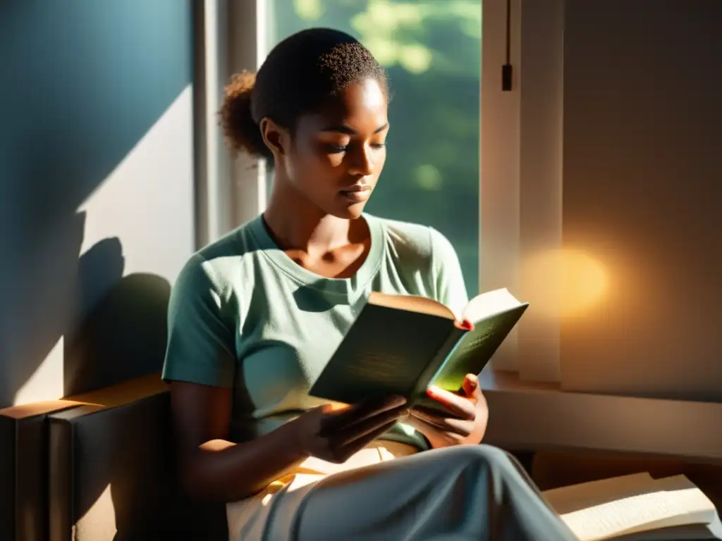 Persona concentrada leyendo un libro con luz cálida, transmitiendo calma